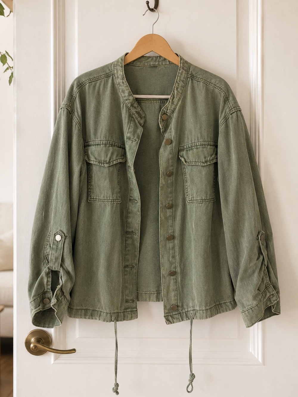100% Cotton Women's Olive Green Utility Jacket with Drawstring Hem